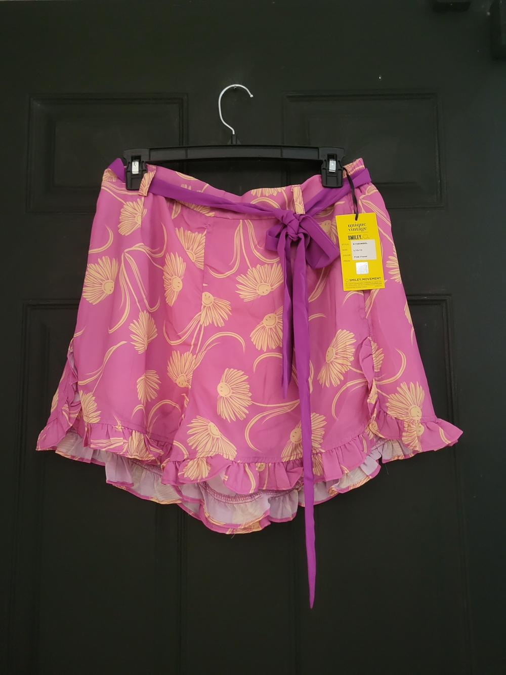 Unique Vintage Pink Floral High-Waist Ruffle Wrap Shorts with Purple Tie - Picture 2 of 5